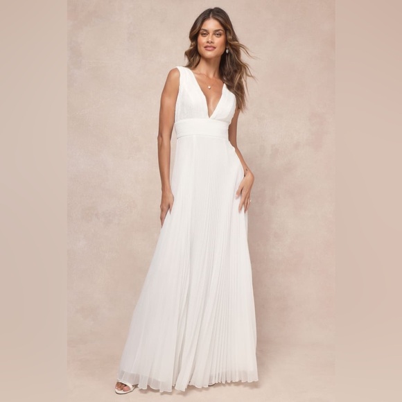 Lulus Dresses & Skirts - Lulus-Gorgeous Forever Ivory Chiffon Lace Pleated Backless Maxi Dress (XLarge)